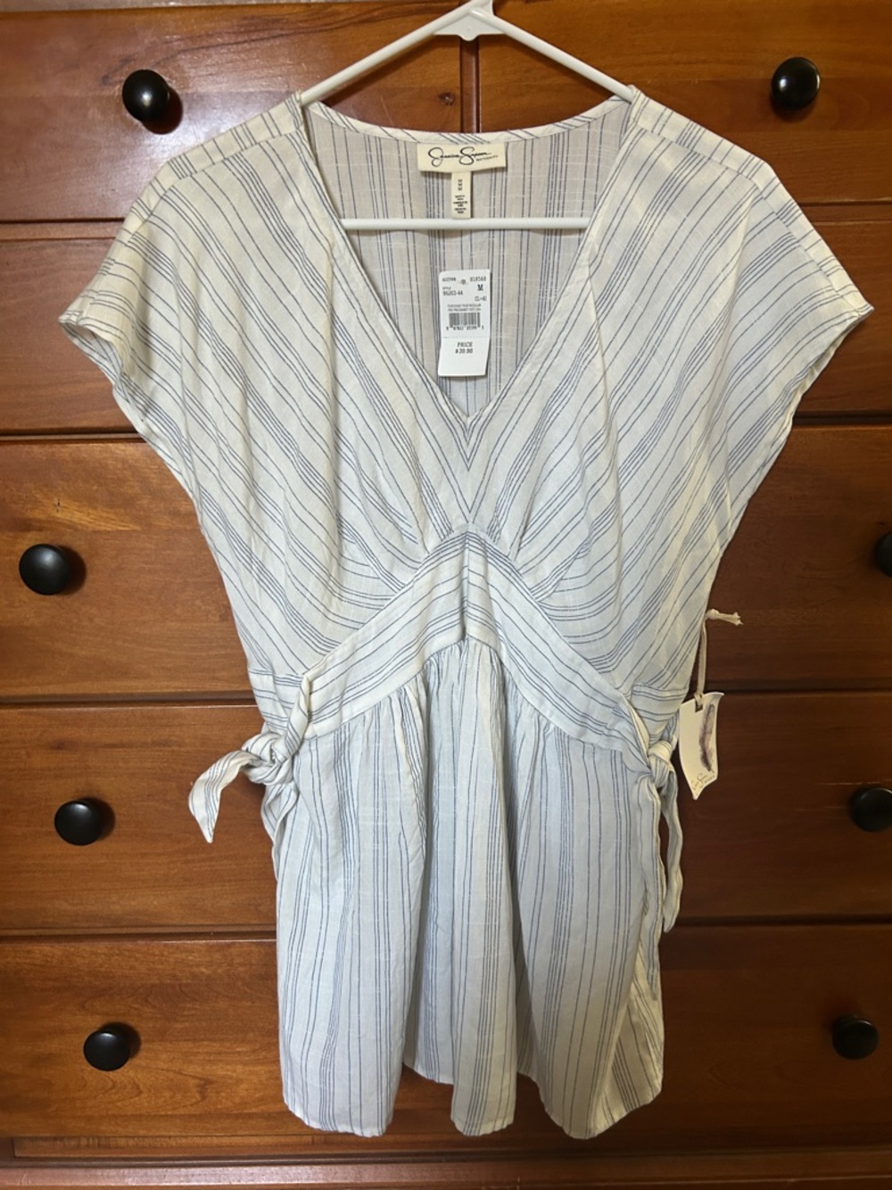 Jessica Simpson maternity white Tunic with Blue Pinstripes and Tie Waist